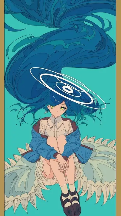 Girl with blue hair sits atop a creature, swirls above her head