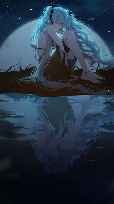 Girl with blue hair sits pensively near water, moon reflecting
