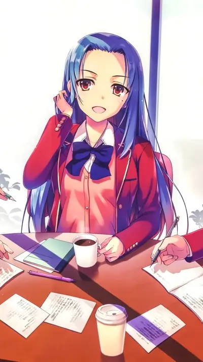 Girl with blue hair sitting at a table
