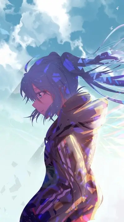 Girl with blue hair standing in front of a sky