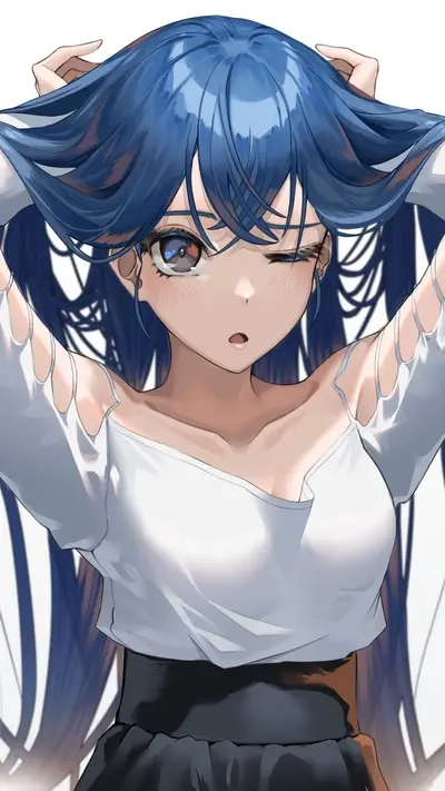 Girl with blue hair styling her hair