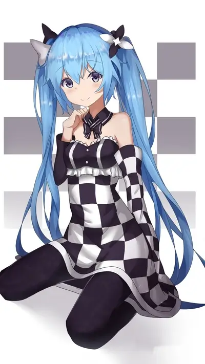 Girl with blue hair wearing a checkered dress