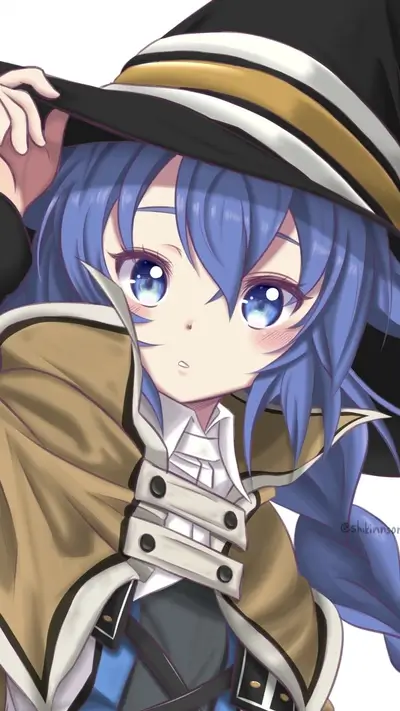 Girl with blue hair wearing a witch hat