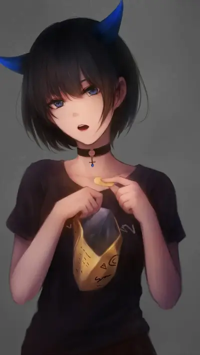 Girl with blue horns holds a potato chip