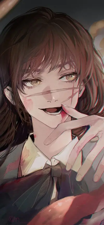 Girl with brown hair and a mischievous expression, lightly injured.