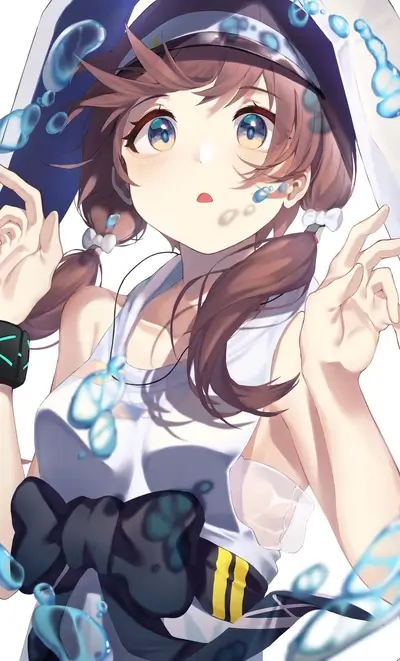 Girl with brown hair and a white top, surrounded by water droplets