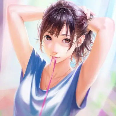 Girl with brown hair and eyes, wearing a blue top, drinking through a straw