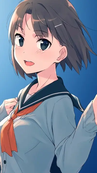 Girl with brown hair in sailor uniform looks happy