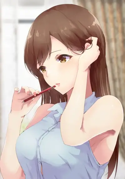 Girl with brown hair is holding a pencil in her hand and resting her cheek.