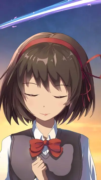 Girl with brown hair, red ribbon, closed eyes, gentle expression, sunset background