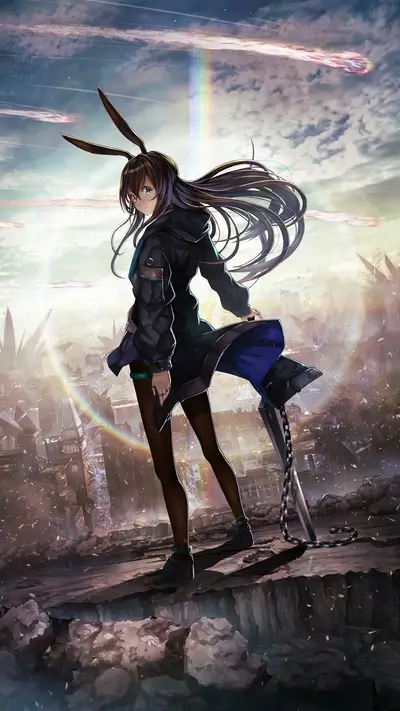 Girl with bunny ears in ruined city