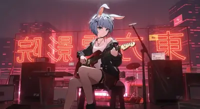 Girl with bunny ears playing guitar on a rooftop stage