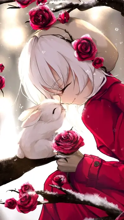 Girl with bunny, roses, a snowy, gentle encounter