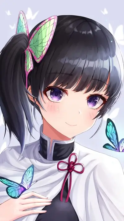 Girl with butterfly hair accessory and butterflies around her