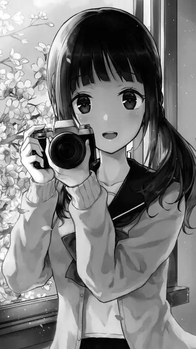Girl with camera by window, blossoms