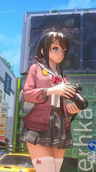 Girl with camera in a city