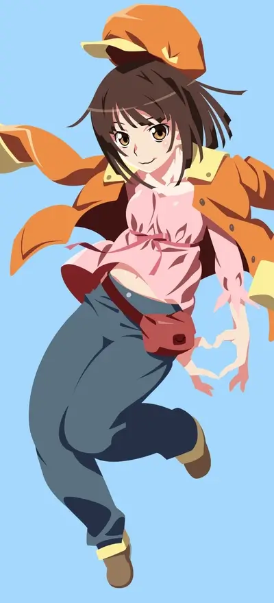 Girl with cap, orange jacket and blue pants happily jumping