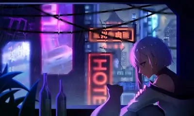 Girl with cat by window in rainy city at night