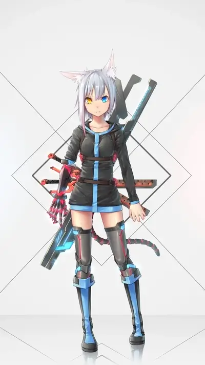 Girl with cat ears and futuristic weapons