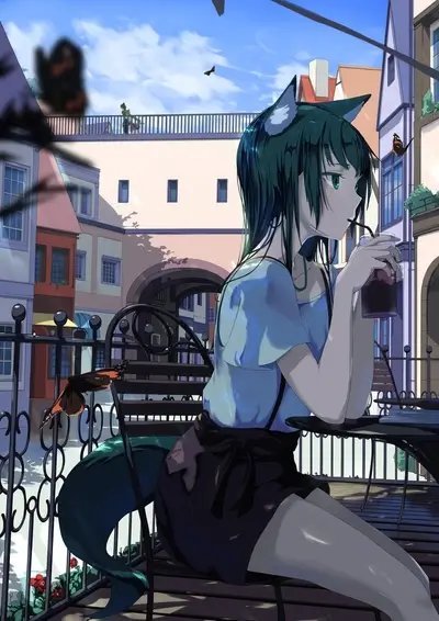 Girl with cat ears drinks a beverage