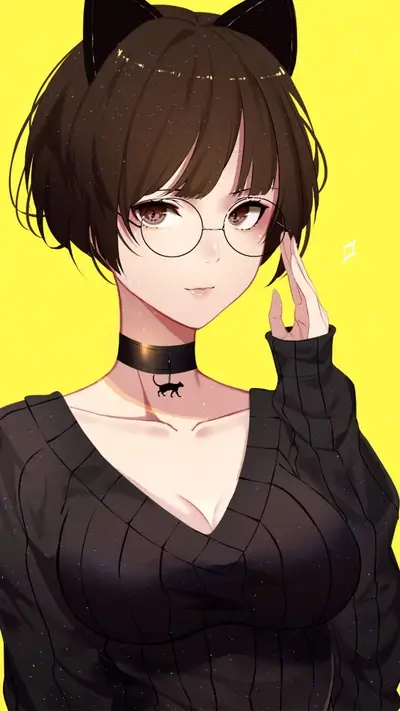 Girl with cat ears, glasses, and choker