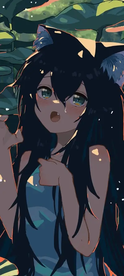Girl with cat ears, surprised expression, dark hair, teal dress