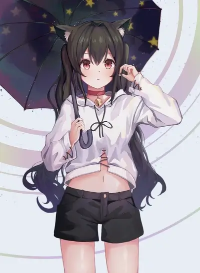 Girl with cat ears under an umbrella