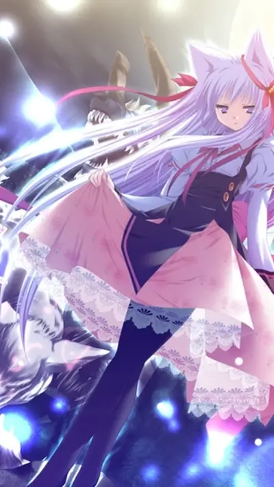Girl with cat ears wearing pretty dress in a fantasy setting
