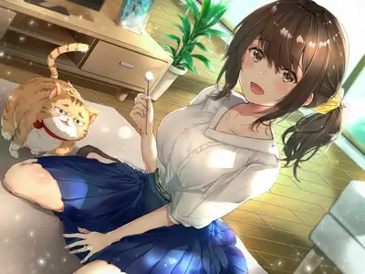Girl with cat playing with a pom-pom
