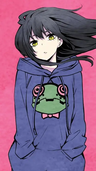 Girl with dark hair and hoodie