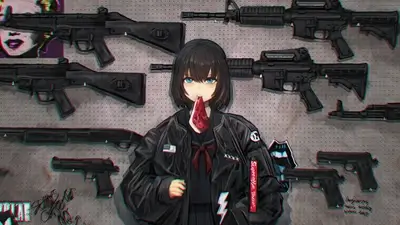 Girl with dark hair and red scarf standing in front of a wall of guns