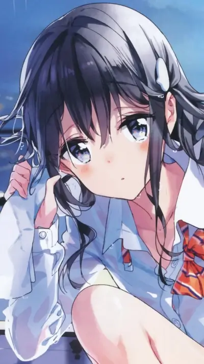 Girl with dark hair and uniform, appearing pensive and thoughtful