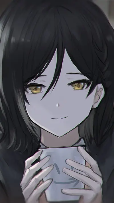 Girl with dark hair holding a cup