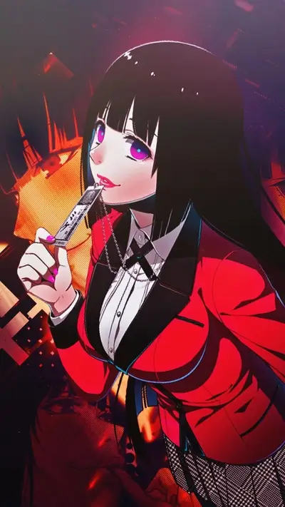 Girl with dark hair in red jacket holding a card