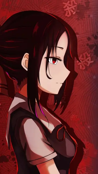 Girl with dark hair, red eyes, and a dark red background