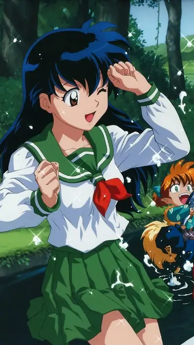 Girl with dark hair winks, running by the river with child friend