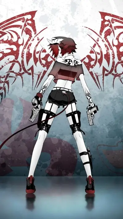 Girl with devil horns and wings holding guns
