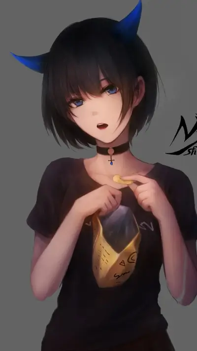 Girl with devil horns eating chips