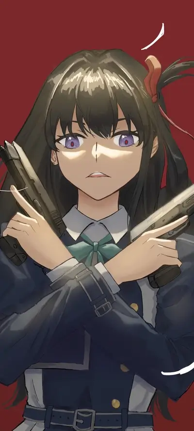 Girl with dual pistols, dark hair, serious expression