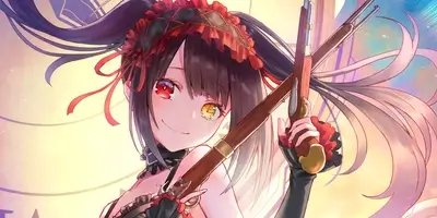 Girl with dual pistols, red ribbon, and clock eye