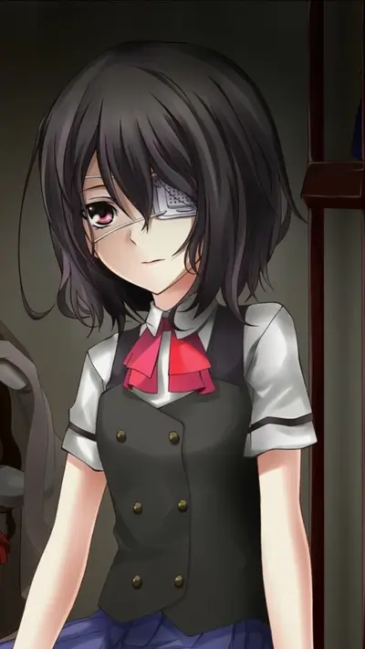 Girl with eye patch, dark hair, school uniform