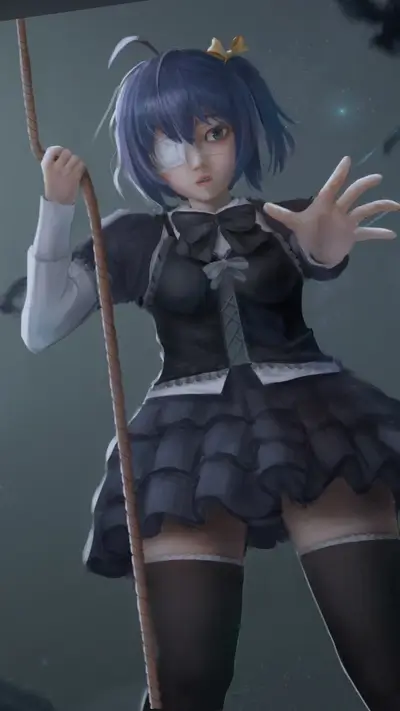 Girl with eye patch hanging from rope