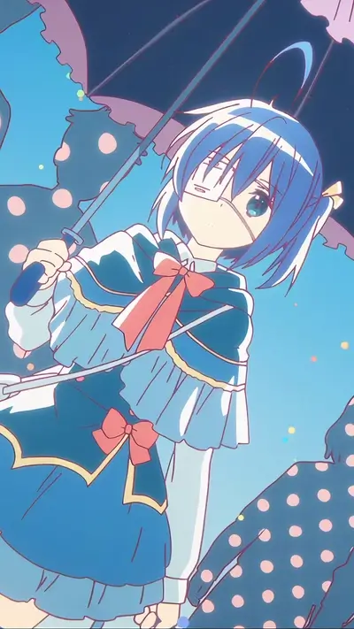 Girl with eyepatch under umbrella, colorful polka dots around