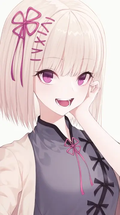 Girl with fang, pink eyes, bow, and ribbons