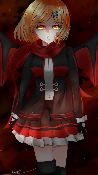Girl with fiery eyes and wings in red and black clothing