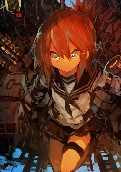 Girl with fiery hair near a large machine