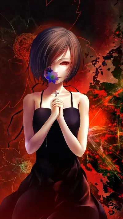 Girl with flower and cross holding hands, digital art
