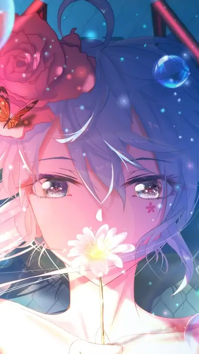 Girl with flowers and bubbles