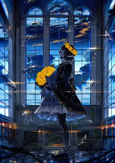 Girl with flowers stands in ruined building with broken windows