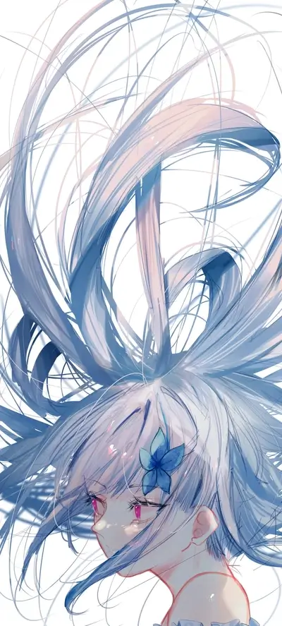 Girl with flowing blue hair and a flower